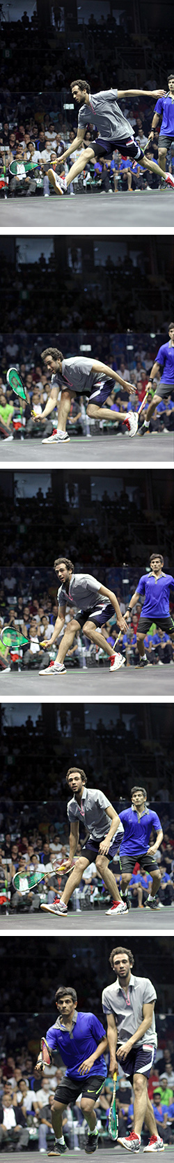 In the sequence of photos above, notice how Ramy  Ashour (in gray) moves onto, and away from, the  ball in a way that leaves him in excellent position to  respond to whatever his opponent throws at him,  all while making a clear path for his opponent.