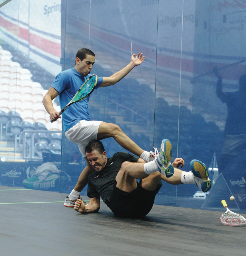 Egypt’s Tarek Momen (Left) had never advanced beyond the first round of the British Open but upset the No. 7 seed, Peter Barker, in a four-game second round encounter.