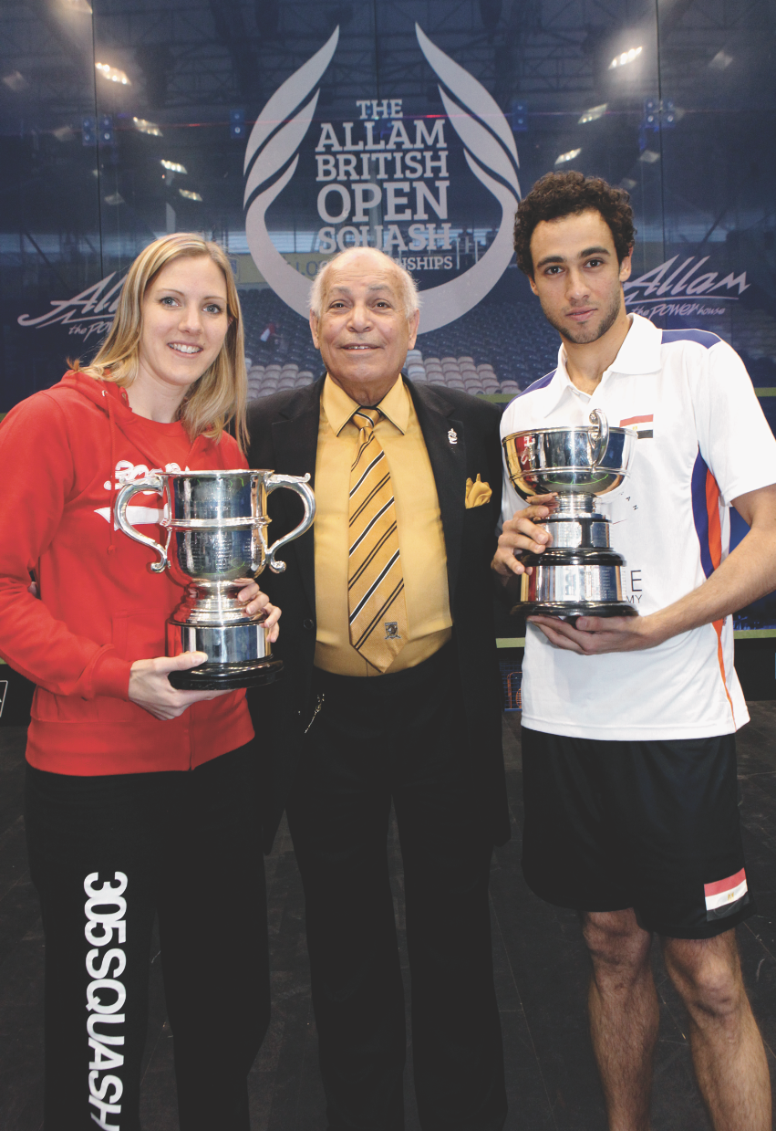Flanked by British Open Champions, Laura Massaro and Ramy Ashour, tournament sponsor Assem Allam presented the winners’ hardware after enduring what, at times, was bitterly cold weather in the outdoor venue at Hull Stadium.