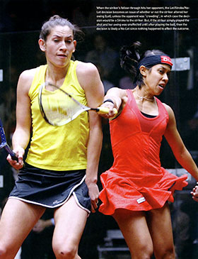 When the striker's follow-through hits her opponent, the Let/Stroke/No-Let decision becomes an issue of whether or not the striker altered her swing (Let), unless the opponent was "crowding", in which case the decision would be a Stroke to the striker. But, if the striker simply played the shot and her swing was unaffected until after playing the ball, then the decision is likely a No-Let since nothing happened to affect the outcome.