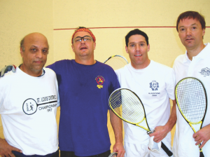 (Left, L-R) Sam Khan and Chris Spier couldn’t hold off Eric Wohlgemuth and Kevin Jernigan in the 40+, while (Right, L-R) Paul Fisher and Michael McBean met with the same fate in the 80+ final won by Ed Helfeld and Scott Fraser