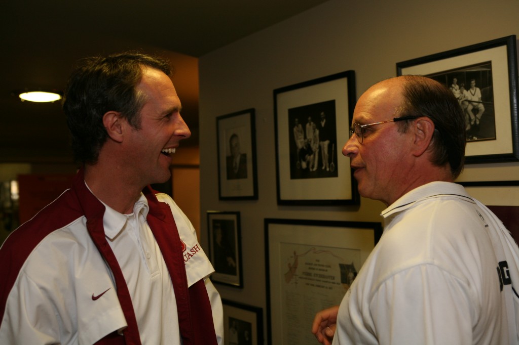 Talbott and Briggs, two of the top coaches today, share a laugh before the exhibitions began.