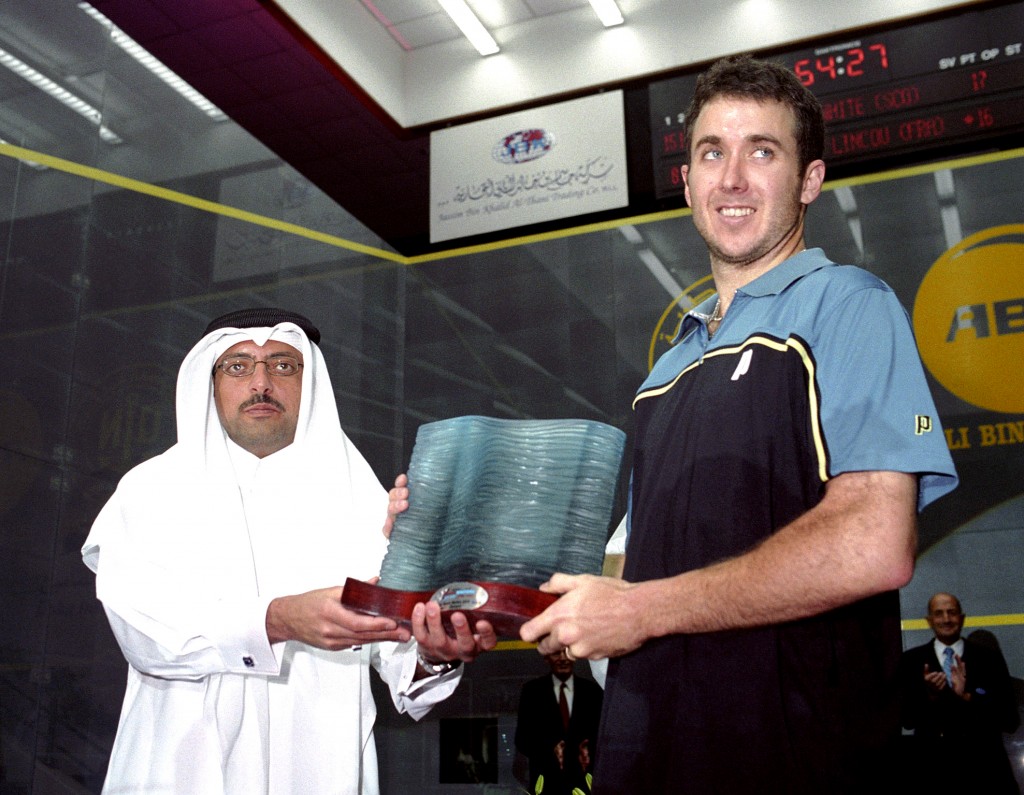 With Nabil Ali Bin Ali (President of the Qatar Squash Federation) after winning the PSA Masters.