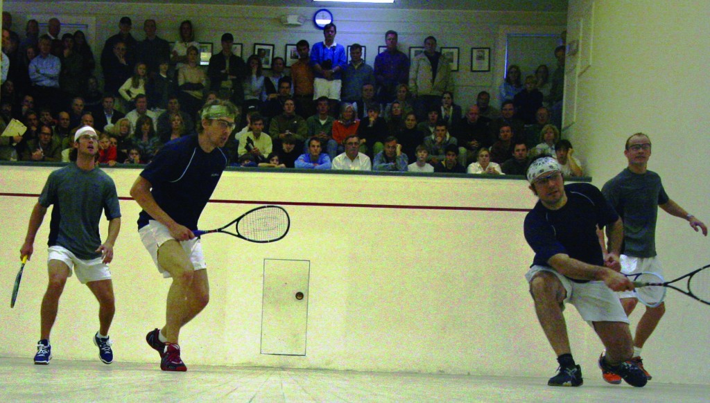 crashing the party Ben Gould  (second from left) & Paul Price (second from right)  stroke their way to victory at the 2007 Briggs Cup. By beating Damien Mudge (far left) & Gary Waite (far right), Price & Gould won the main draw at the richest tournament in US squash history.