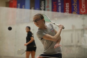 Marina Stefanoni (R) strikes the ball with authority. Down two games to her Egyptian opponent, Nouran Youssef, Stefanoni made a comeback to win the match 5-11, 8-11, 13-11, 11-8, 11-6, for the GU13 title. The Darien, CT-native also won titles in the Canadian and Scottish Junior Opens this winter. 