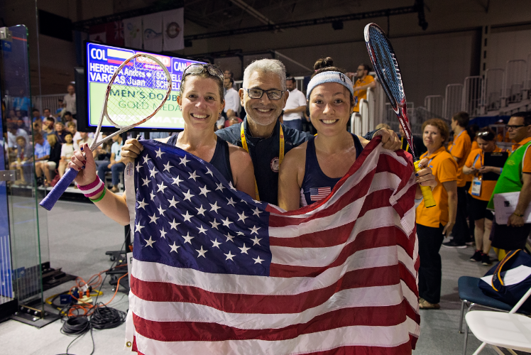 Natalie Grainger and Amanda Sobhy---with coach Paul Assaiante in the middle--celebrated the completion of a gold-medal sweep by the American women after securing the doubles