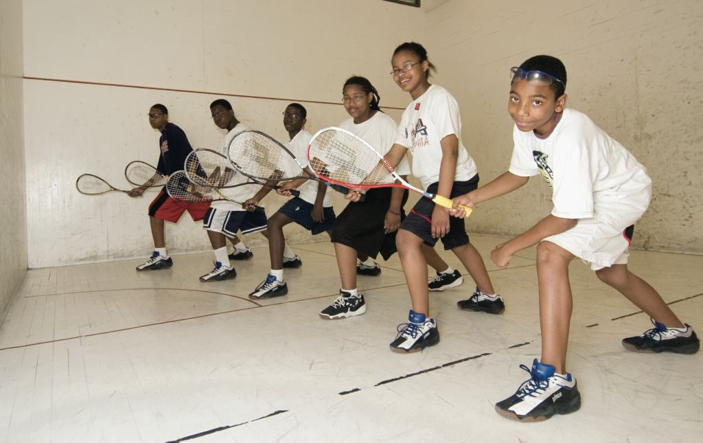 DRILL TIME SquashSmarts students (front to back) John Batista, Shanae Walters, Denise Roundtree, Justin Roebuck, Joe Johnson and Demonte Harris hit the courts for group drills.