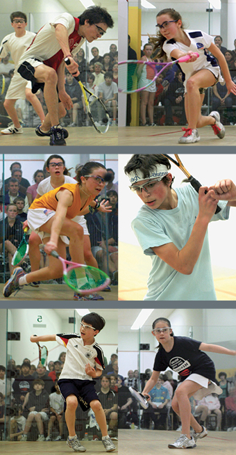 (Clockwise from top L): Seeded No. 1 in the BU15, Edward Columbia rolled through the draw to win his first title.  Caroline East won the GU13 with a five-game win over Reeham Sedky (not pictured) in the finals. In the BU13 Jordan Brail took the title after winning a tight semifinal that included two games going to 12-10. Helen Teegan added to her GU11 trophy collection by dropping just 29 points in her four matches.  Ryan Murray parlayed his top seeding in the BU11 to win his first title, and Katie Tutrone came from behind in both her semi and final to win the GU15.