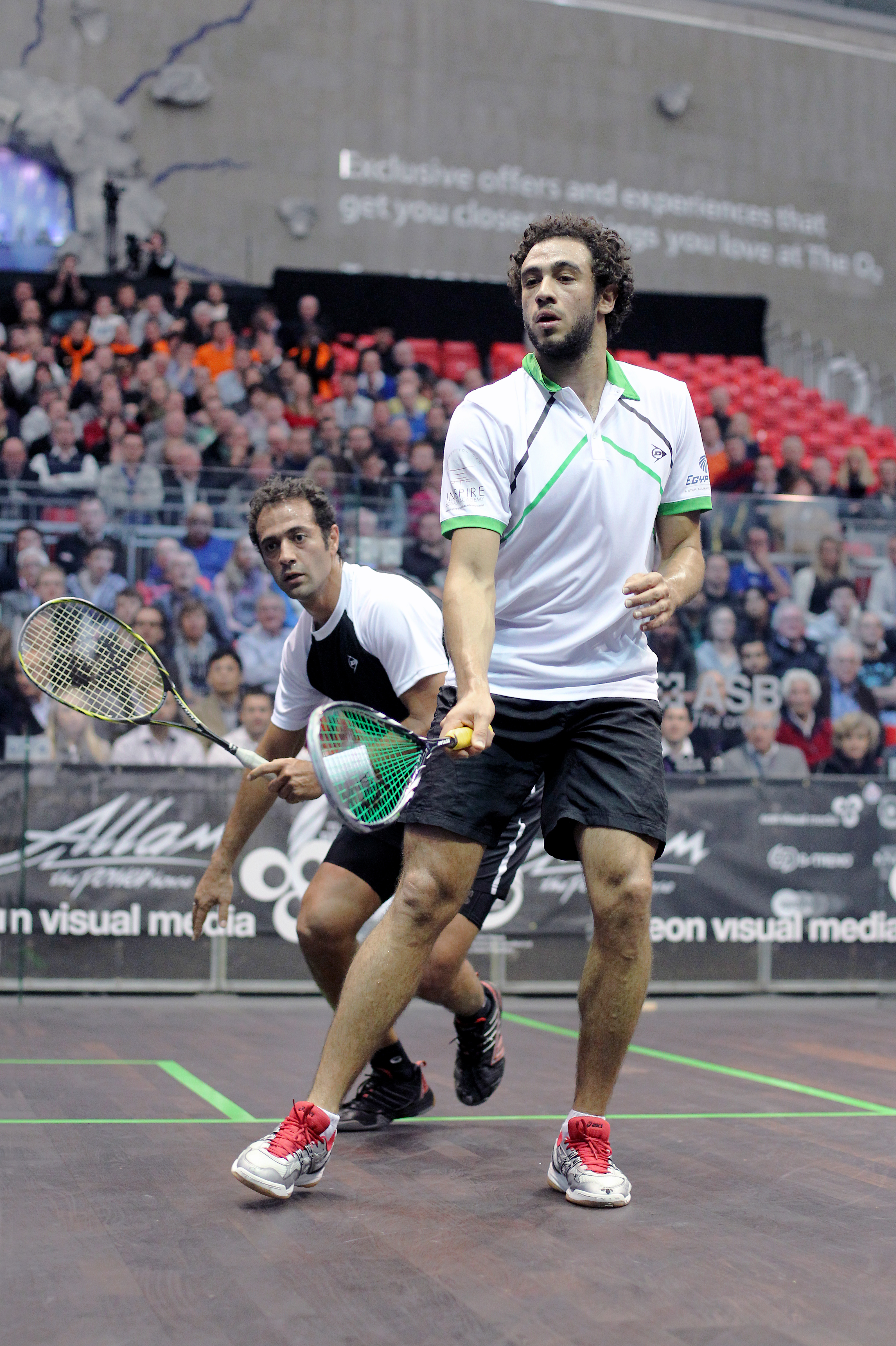 Eight years after his only trip to the finals of the British Open, Egypt’s Amr Shabana (L) recovered from dropping the first two games of his quarterfinal this year against countryman Ramy Ashour but couldn’t secure his spot in the semis, dropping the decider 11-4.