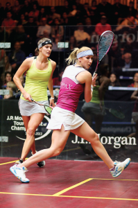 England's 29-year-old Sarah Kippax (R), recorded her third career win over Canada's Samantha Cornett in the first round of the Tournament of Champions. After dropping an opening round match to the Canadian in the Carol Weymuller Open in 2012 in five games, Kippax needed just three games to right that ship in New York.