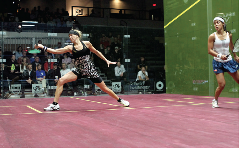 Kasey Brown (left) reached to new heights when she mastered World No. 1 Nicol David in the quarters.