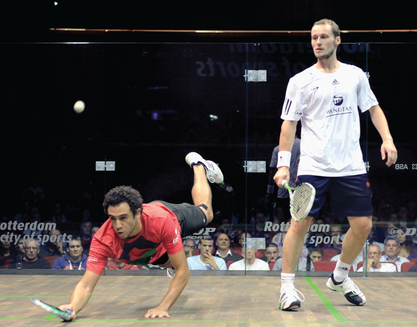 There was no joy for Ramy Ashour (L) who was forced out with an injury in his quarterfinal against Gregory Gaultier.