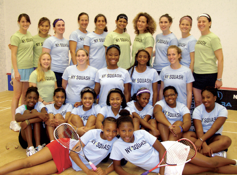 The New York contingent brought five teams to Howe Cup, including two comprised of girls from the StreetSquash program in Harlem. (Back Row, L-R) Kelsey Engman, Charlene Neo, Sarah Odell, Kathy Mintz, Renee Judd, Tehani Teruge, Tracy Gates, Emily Stieff, McKenzie Jones, Jessica Green; (Kneeling, L-R) Samantha Buechner, Sasha Diamond-Lenow, Mawa Ballo, Paulina Davis, Lauralynn Drury; (Seated, L-R) Denecia Cummings, Shanelle Mills, Kamali Williamson, Brandy Williamson, Tosin Elegba, Taylor Cook, Fatou Sangare; (Front Row, L-R) Hawa Bah, Gabrielle Tobias.