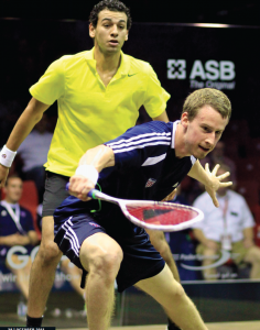 Chris Gordon (R) pushed Egypt's Mohamed El Shorbagy to the limit in the first game of their quarterfinal match, but Shorbagy proved to be too much, clinching a place in the semifinals for Egypt, 11-9, 11-8, 11-4.