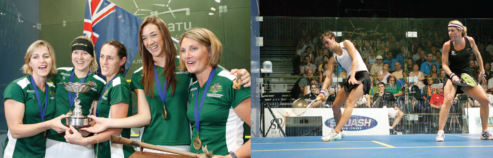 The Aussies dominated the Women's World Team Championships, featuring (above, L-R) former World No. 1, Sarah Fitz-Gerald, Kasey Brown, former World No. 1, Rachel Grinham, and Donna Urquhart, coached by former World No. 1, Michelle Martin. The return of Shelley Kitchen to the Kiwis (above R, in white) pushed the host country to a 4th place finish.