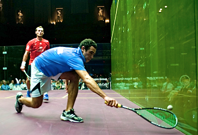 Ramy Ashour (in blue), needed three games in the Symphony Showdown final to beat Gregory Gaultier.