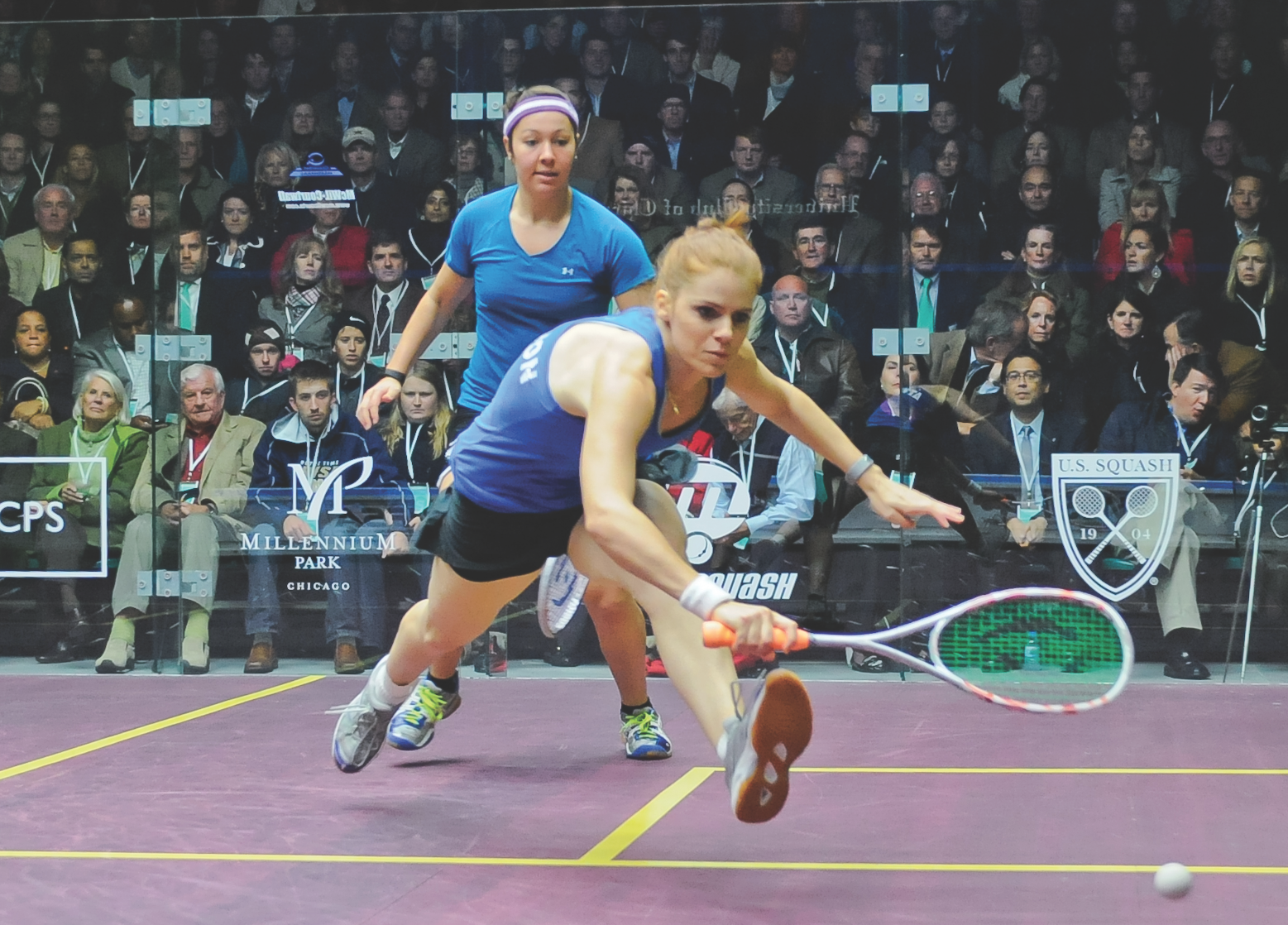 Vanessa Atkinson (front), who will be retiring after this year, had too much firepower for American Amanda Sobhy in the final. For Atkinson, it was her 22nd win on the WISPA tour.