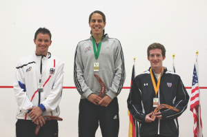 American Todd Harrity (R) captured the bronze medal in the Men's Individual Championship at the World University Games, while Gold was won by Great Britain's Joel Hinds (middle) who needed just three games in the championship match to defeat Germany's Jens Schoor (left).