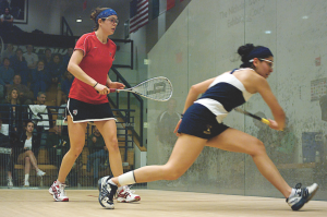 While the women’s Howe Cup and Men’s Potter Cup take center stage every year in the college team championships, the explosive growth in the game now features six divisions on the women’s side and eight for the men. In the Howe Cup division, Penn’s Sydney Scott (top, in red) helped lead the Quaker’s to the finals by beating Trinity’s  Nayelly Hernandez Perez in three games. Penn squeaked by the lady Bantams 5-4. In the “E” division, No. 1, Ashley Stevens (top, right) led Wellesley to the top spot by stopping Notre Dame’s Kristin So, 3-0. Katherine Bullard (bottom, left), playing No. 1 for George Washington, helped the Colonials to the Walker Division title.