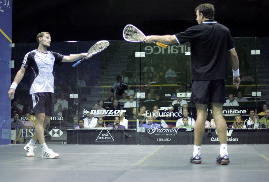 As the quartferfinal between Gregory Gaultier (L) and John White got progressively more  physical, both players got a bit testy after several bumpy moments midway through the match. In the end, Gaultier escaped with the three-game win but not before White attempted to “educate” Gaultier on the finer points of conduct.