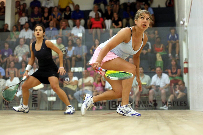 American Latasha Khan (R) qualified for the event by stopping Nicolette Fernandes of Guyana.