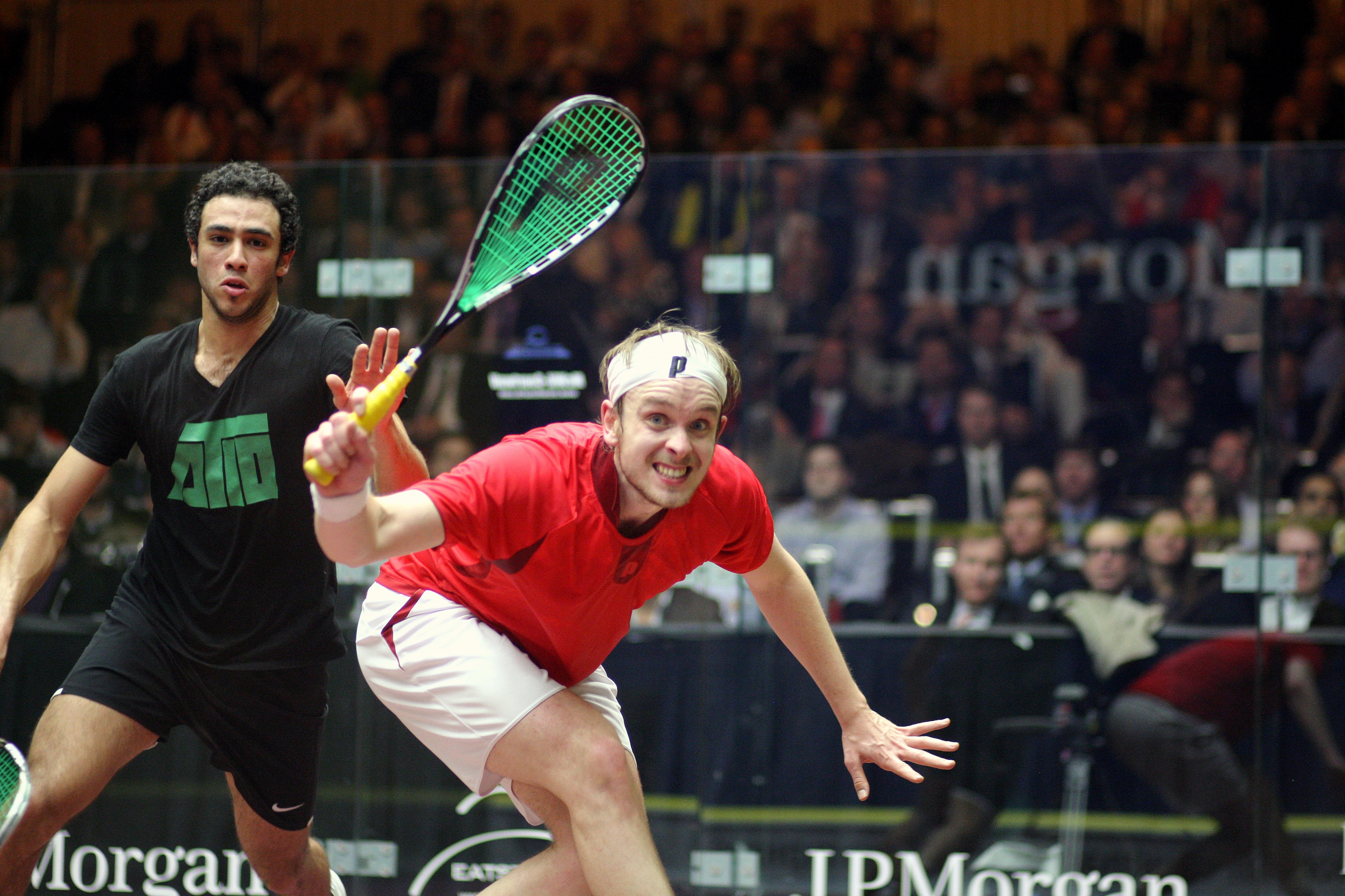 In 2008, Ramy Ashour (L) and James Willstrop put on a 70-minute train wreck that left both players and fans alike exhausted. On full display was the creative shot-making prowess that both have become synonomous for. This time around, in the final of the J.P. Morgan Tournament of Champions, Willstrop not only pulled out uncanny shots at opportune moments, but more impressive was his patient ability to take all angles away from Ashour who simply had nothing to work with.