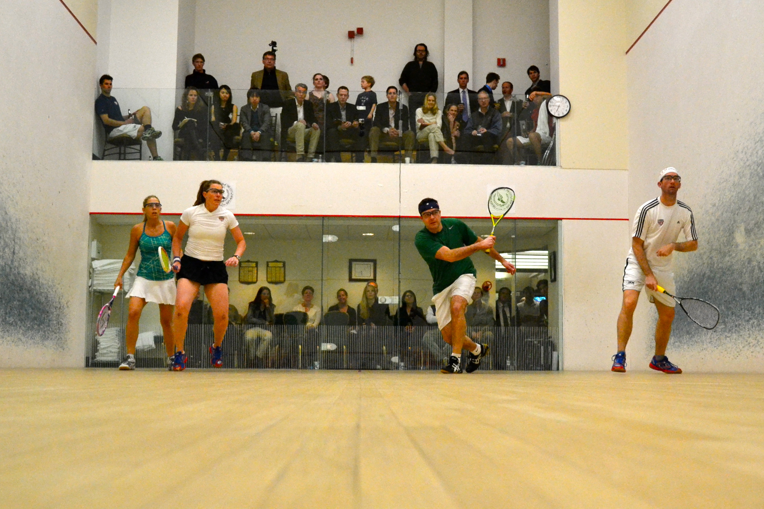 Despite dropping the third game in the Richmond Mixed Open final, the No. 1 seeds, Narelle Krizek (L) and Paul Price (in green), took care of business over the No. 3 seeds, Natalie Grainger and Preston Quick. 