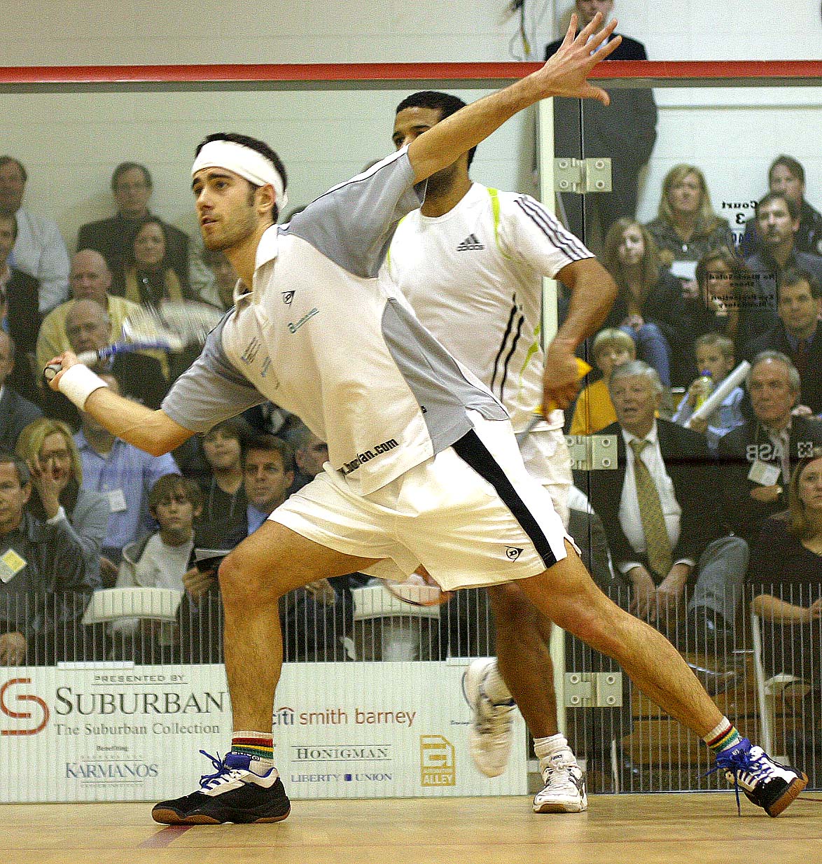 With both Adrian Grant and Borja Golan (with headband) moving well and attacking the front corners, the final of the Motor City was contentious from the start. But Golan made the most of his first visit to Detroit, taking the title in four games. In the semfinals, Golan stopped the lightning-quick Ollie Tuominen (above) in a decisive three games.