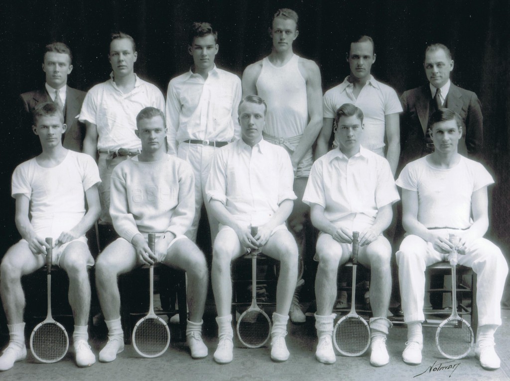 Comfortable both on the court or on a tractor, John Fetcher was the last surviving player from the 1934 national championship Harvard squash team (Harry Cowles, coach, on the far right back row and John Fetcher on the far right, front row) that included Germain Glidden (second from right, front row).