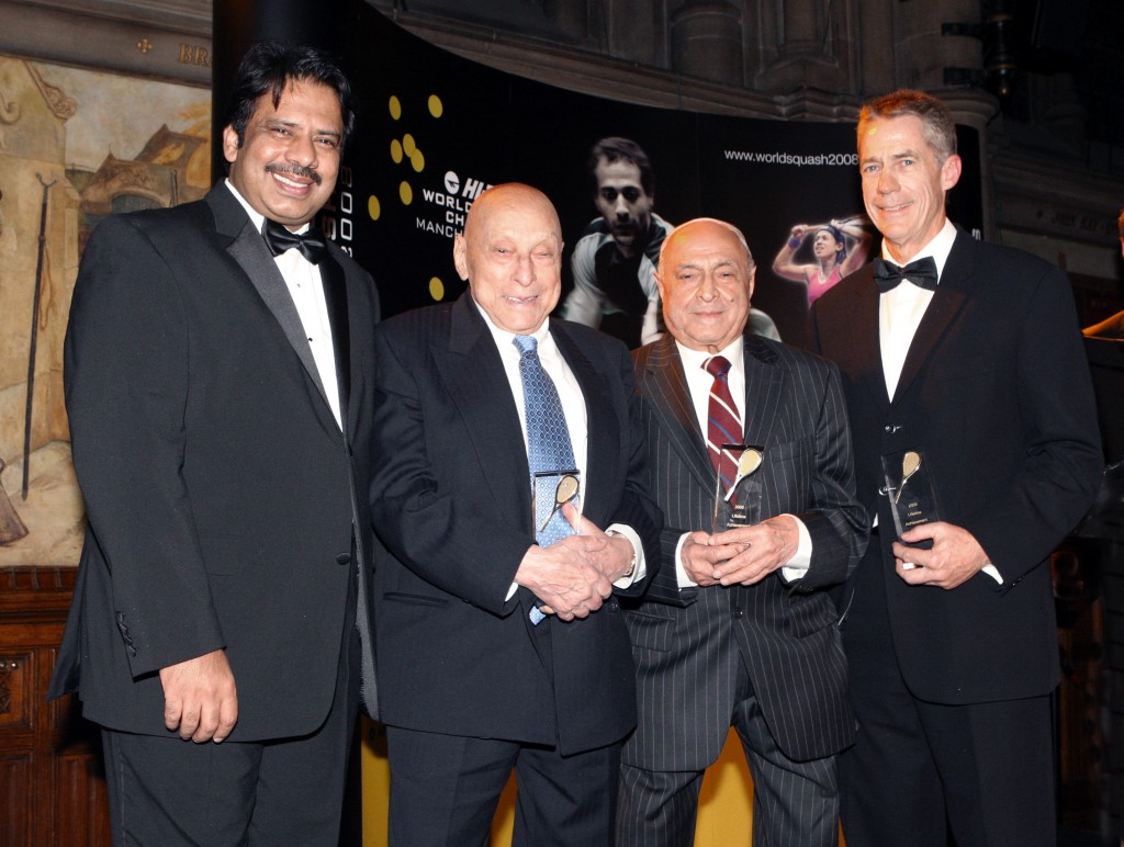 At the World Squash Awards, held during the World Open, Jahangir Khan (L) presented 92-year-old Hashim Khan, Hashim’s brother Azam and Geoff Hunt with lifetime achievement awards. Azam finished runner-up to Hashim in three British Open finals before winning it himself four times. Hunt won the British Open eight times
