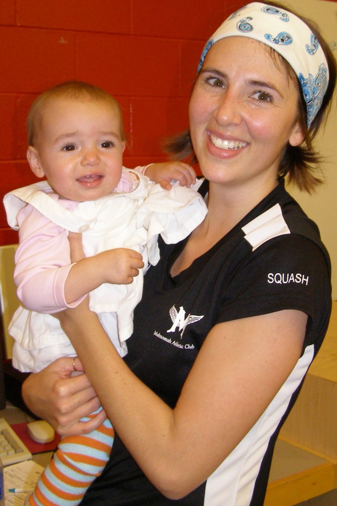 Portland’s Katherine (Johnson) Rowan was one of many squash playing Moms who brought their babies (and in Katherine’s case, her Mom) to Boston along with their squash gear