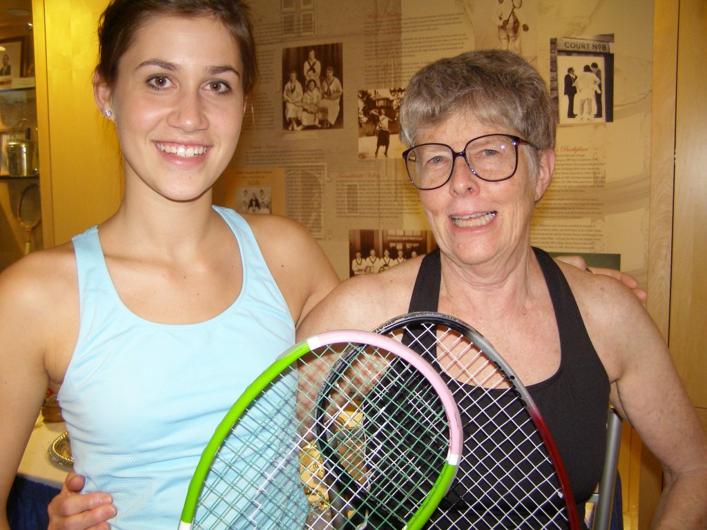 The youngest and oldest players at Howe Cup share a moment. 14-year-old Caroline Chriss played No. 1 for Baltimore’s D team while Boston’s Barbara Beckwith held down the No. 4 spot for Boston’s D team. “I love that there are more levels of play,” said Barbara, referring to the addition of the D flight to the championships, “particularly as I get slower.”