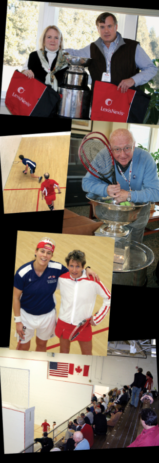 (Top to Bottom) Renee and Scott Simonton enjoying some swag from the event’s premiere sponsor, Lexis Nexis. On court, American Alex Davis, the youngest participant (and a student at the Tatnall School) in the 2008 Lapham-Grant prepares to drop Canadian Captain, Marc Lalonde, while Canadian Legend Henry Tregillas has his racquets ready while hanging out with the Lapham Cup. And one for the Red, White and Blue when Sabrina Davies stopped Canadian Susan McKinnon-Bel in one of the last matches of the women’s event before joining the gallery for the last of the action-packed weekend.