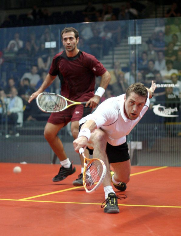 In the quarterfinals, a disconcerted Amr Shabana (far left) fell to Palmer in four games and was heard bemoaning the early rounds being played in one of the oldest venues in England. 