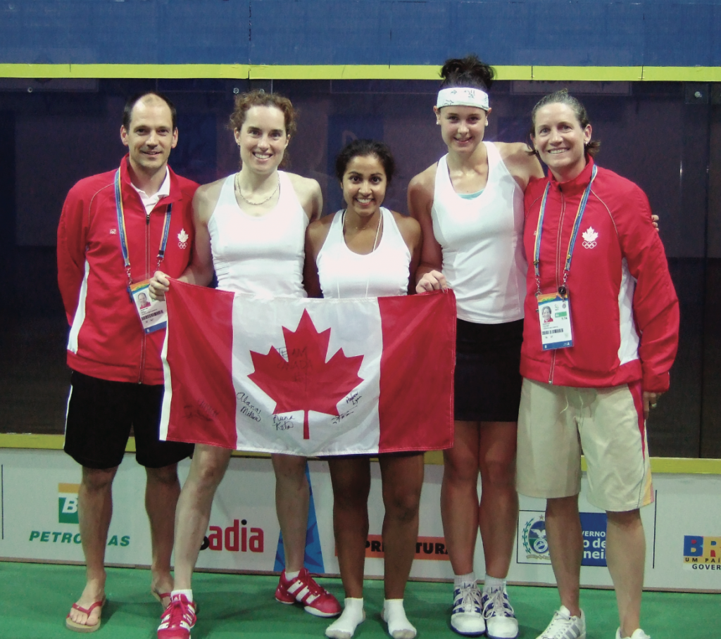 The third-seeded Canadian women’s team was on a mission to recapture the team gold medal that was lost to the American team in 2005. Led by Alana Miller (second from right) who was the surprise finalist in the individual event, the Canadians upset the Americans in the team final to win their third team gold in four tries. (L-R) Coach Andrew Lynn, Carolyn Russell, Runa Reta, Miller, and Assistant Coach Shauna Flath.