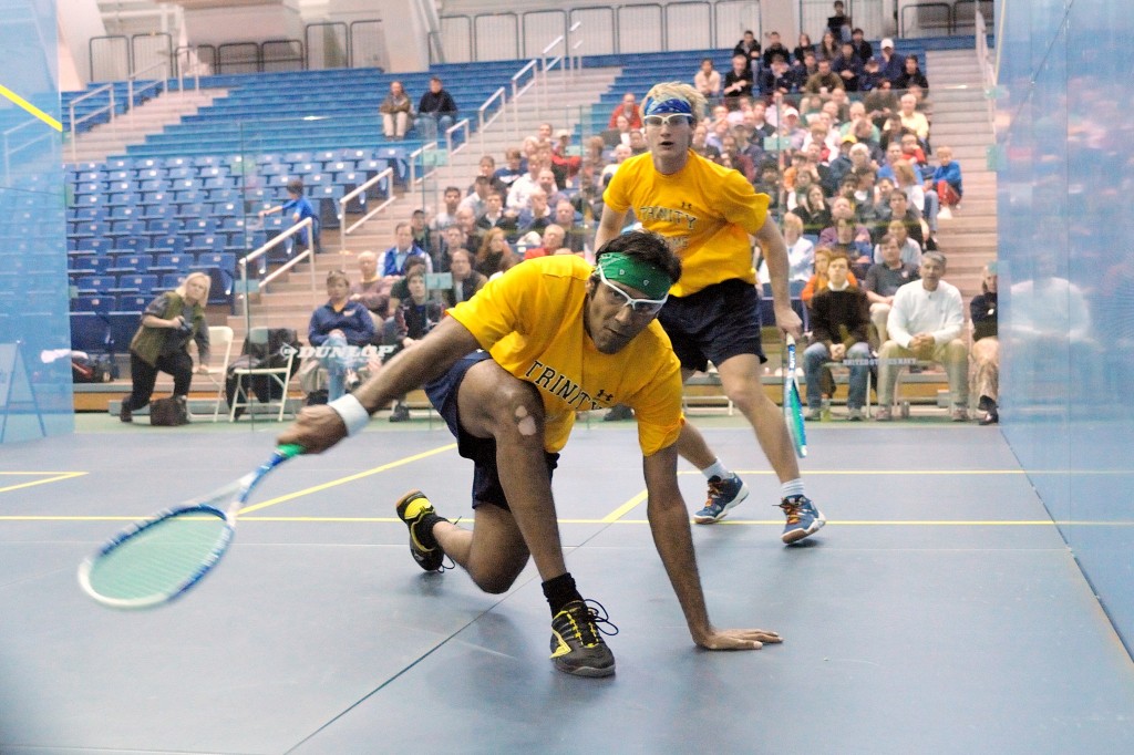 Just two weeks later, the Naval Academy hosted the Men’s Singles Championships on the all-glass McWil show court. The final featured two Trinity players for the first time in their 10-year dominance of the college game. In that match, Baset Chaudhry, who plays No. 1 at Trinity, knocked off Gustav Detter in four games. Detter had eliminated the No. 2 seed, Princeton’s Mauricio Sanchez, in the semifinals, and Chaudhry stopped the run of Sanchez’s teammate, Kimlee Wong, in the other semifinal.