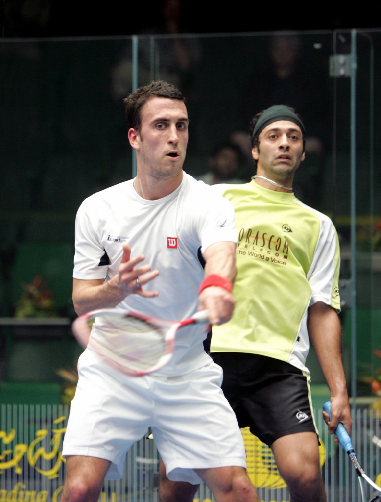 Peter Barker (L), ranked No. 18 while playing Qatar, shocked the squash world with a second round upset over World No. 1, Amr Shabana. After the match, Barker said, “I haven’t had a better win than that. That’s right at the top of the pile.”