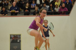 Bronxville's Molly Stoltz (L) looks for the backhand at the 2015 U.S. Junior Squash Championships (Closed) in Princeton, NJ. Stoltz defeated Lucie Stefanoni (R) in the finals, finishing first in the GU11