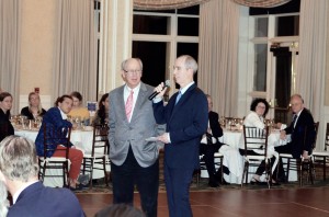 Nigel Thain (right), the head pro at the Philadelphia Country Club, and Leo Pierce extolled the many virtues of the honorary chair of the 2015 National Doubles, Erik Hendricks, a longtime squash player and PSRA president who died a few weeks before the tournament.
