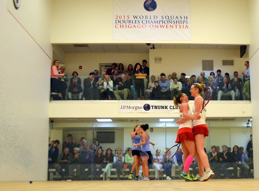 England’s first-time women’s world champions Pierrepont (front, right) & Hastings (front, left) and fellow Englishwomen Georgina Stoker (back, right) & Victoria Simmonds (back, left) embrace after the open final. For Pierrepont & Hastings, the world title was the first for two WDSA veterans. For Hastings, the final carried extra weight as it was her last before moving back to England. 