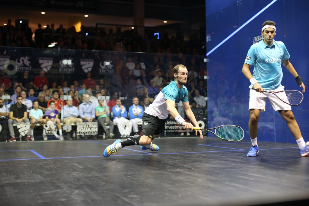 It took the French general (l) five games and seventy-six minutes, but the former world No. 1 managed to take out defending champion and current world No. 1 Mohamed Elshorbagy in an enthralling semifinal.  