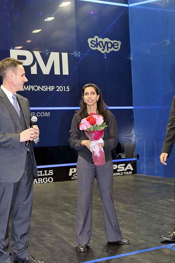 Paul Walters, an emcee for the World Championship, congratulated Shabana Khan, the tournament director. 