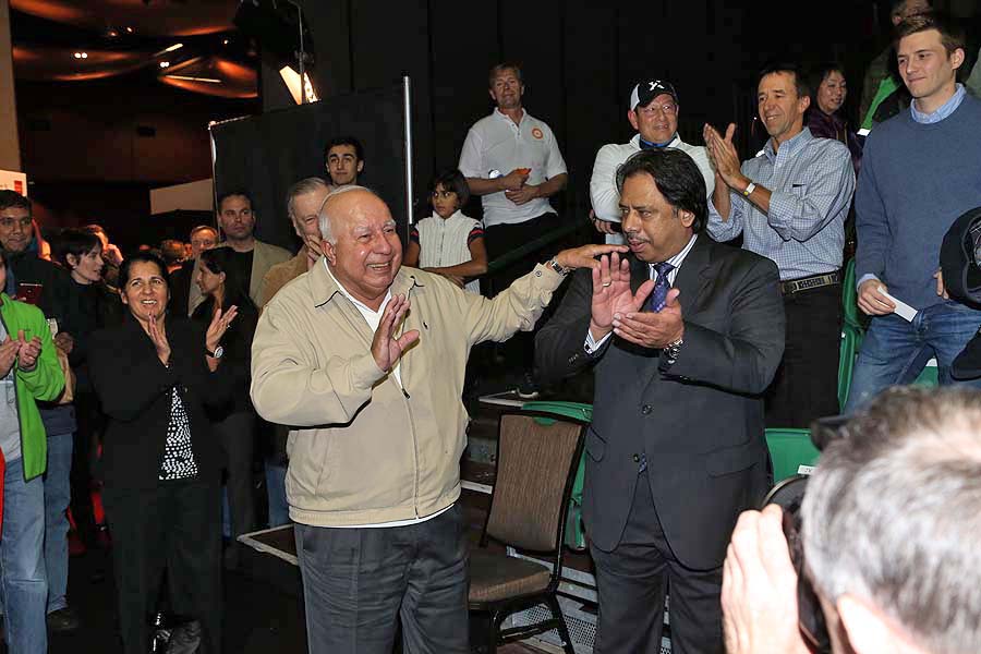Khans Unlimited: Jahangir (r), six-time World Champion, applauded as his cousin, the venerable Yusuf Khan, was introduced. 